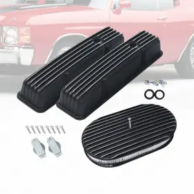 Ar37912 Amoracing Finned Tall Valve Covers Fit Chevy Sbc 283 400 1958-1986 And 15 Inch Air Cleaner Black
