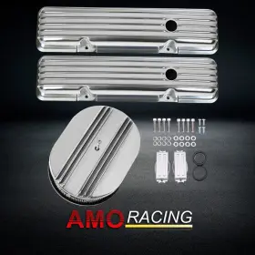 Ar38322 Amoracing Polished Finned Tall Valve Covers Fit Chevy Sbc 1958-1986 And 12 Inch Air Cleaner Kit