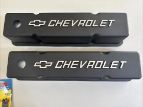 110-2019 Ansen Usa Small Block Chevy Tall Black Valve Covers - Raised Chevrolet Bowtie Logo