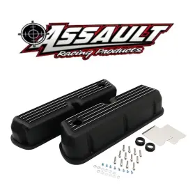 A6728-3pbk Assault Racing Products Sbf Ford 302 Retro Finned Black Polished Fins Aluminum Tall Valve Covers 351w