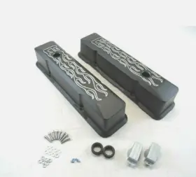 E41015bk Bous Performance E41015p Small Block Chevy 350 383 Tall Flame Aluminum Valve Covers Black