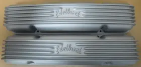 41459 Edelbrock Sb Chevy Script Valve Covers Stock Height Finned Aluminum