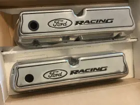 M-6582-e302p Ford Performance 1979-95 Valve Covers Tall Polished With Mustang Logo Pair