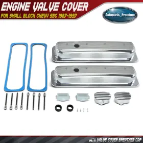 R6196 2x Aluminum Finned Short Center Bolt Valve Covers With Breather Cap For Sbc Chevy