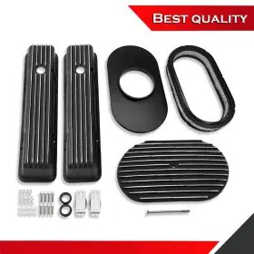 Sv27551 Shopvertex Suits Chevy Sbc 1958-1986 Short Black Alum Finned Valve Cover And 15 Inch Air Cleaner