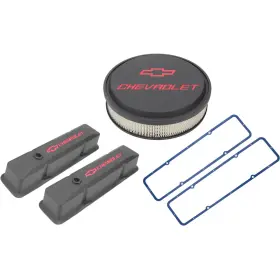 9100959 Speedway Motors Fits Chevy Black Bowtie Aluminum Valve Covers And Air Cleaner