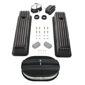 09092 Ssnpower718 For Sbc Chevy 58-86 Finned Tall Valve Cover &12 Inch Half Air Cleaner And Pcv Breather