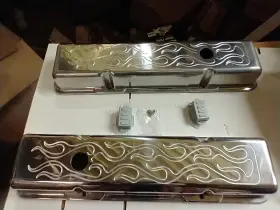 A6031-3 Super Sunny Polished Aluminum Flamed Valve Covers Small Block Chevy Stock Height