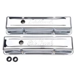 Edelbrock Valve Cover Set 4649; Signature Series Tall Chrome Steel For Sbc New. Price: $79.36.