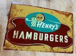Nostalgic Henry Hamburgers Distressed Looking Aluminum Metal Sign 12" X 18" New. Price: $28.95.