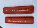 Chevy Sbc Valve Covers Orange Powder Coated W/ Silver Script Restored Remanufactured. Price: $269.00.