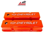 Small Block Chevy Tall Orange Valve Covers - Raised Chevrolet Bowtie Logo New. Price: $249.00.